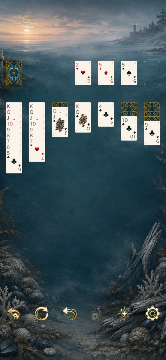Clover Solitaire cards laid out against a quiet coastal scene